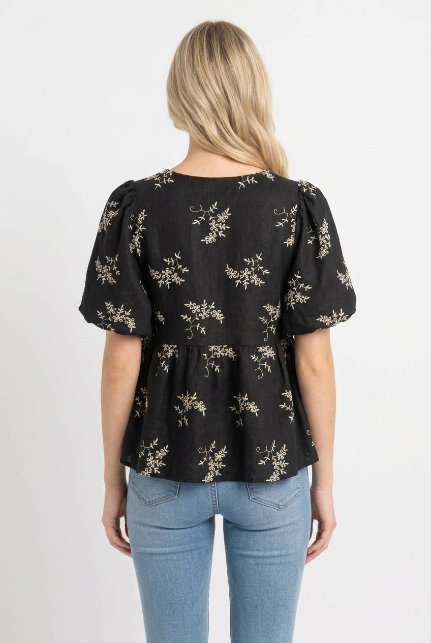 Embroidered Babydoll Top with Tie-Neck: BLACK