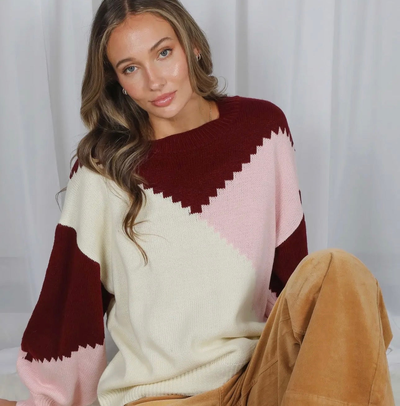Color Block Round Neck Chunky Kitted Sweater Top - Pink