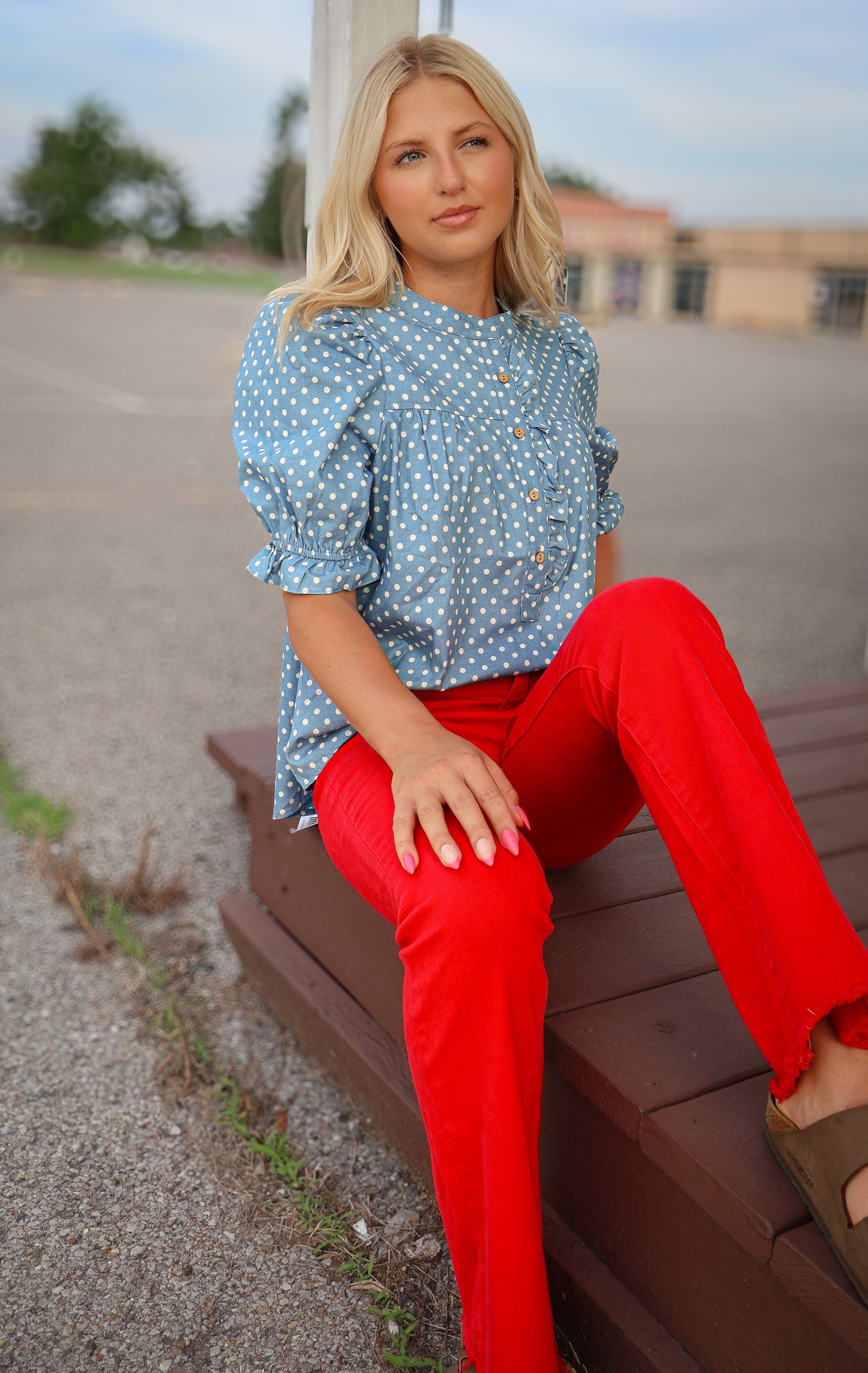 Polka Dot Ruffled Top - Light Denim