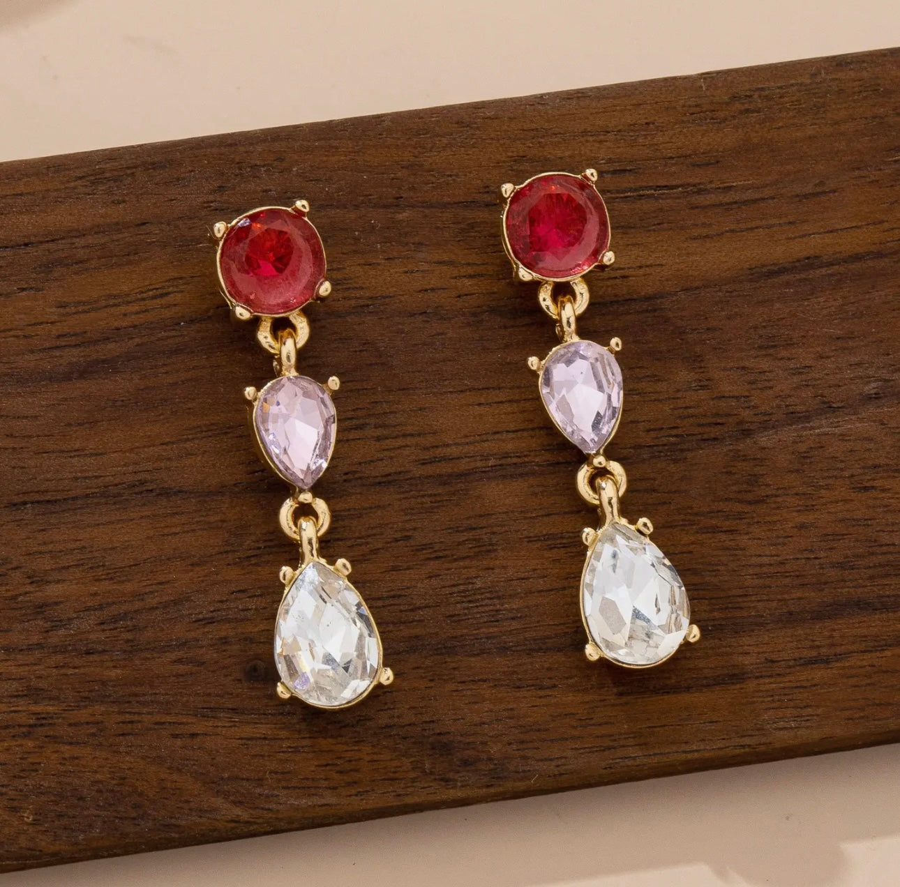Ruby & Amethyst Teardrop Dangle Earrings - Gold