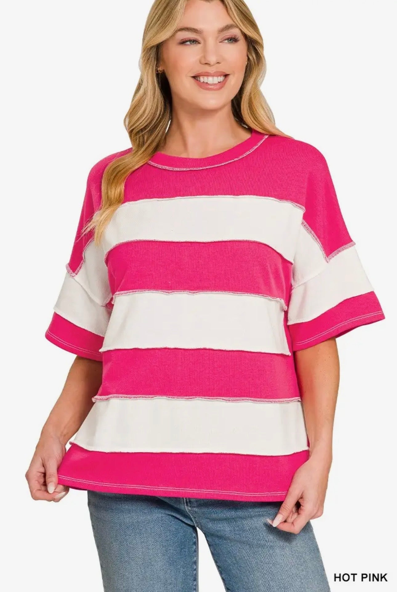 Zenana French Terry Striped Exposed Seam Top-Pink
