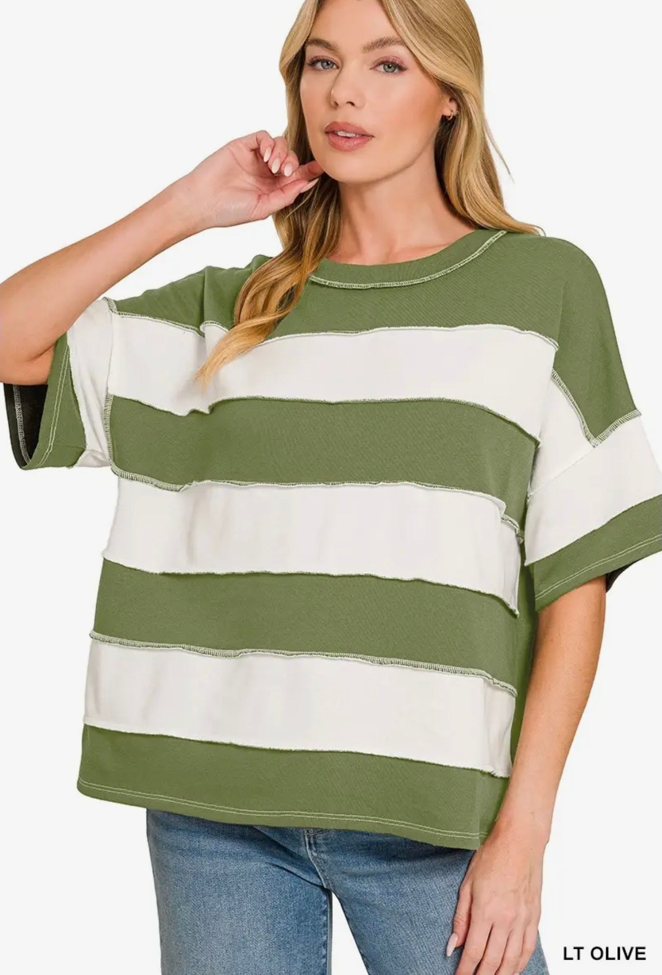 Zenana French Terry Striped Exposed Seam Top