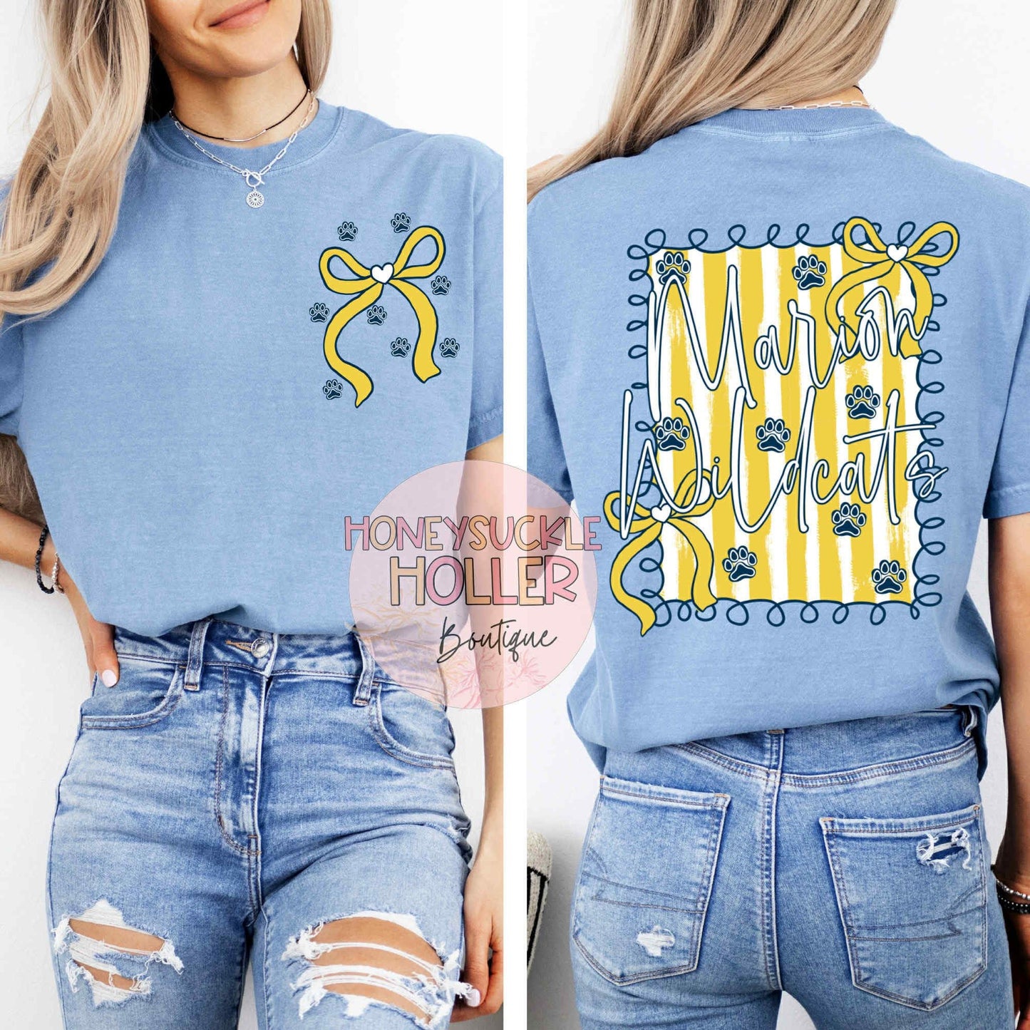 Stamp Back Marion Wildcats- with bow on front left chest