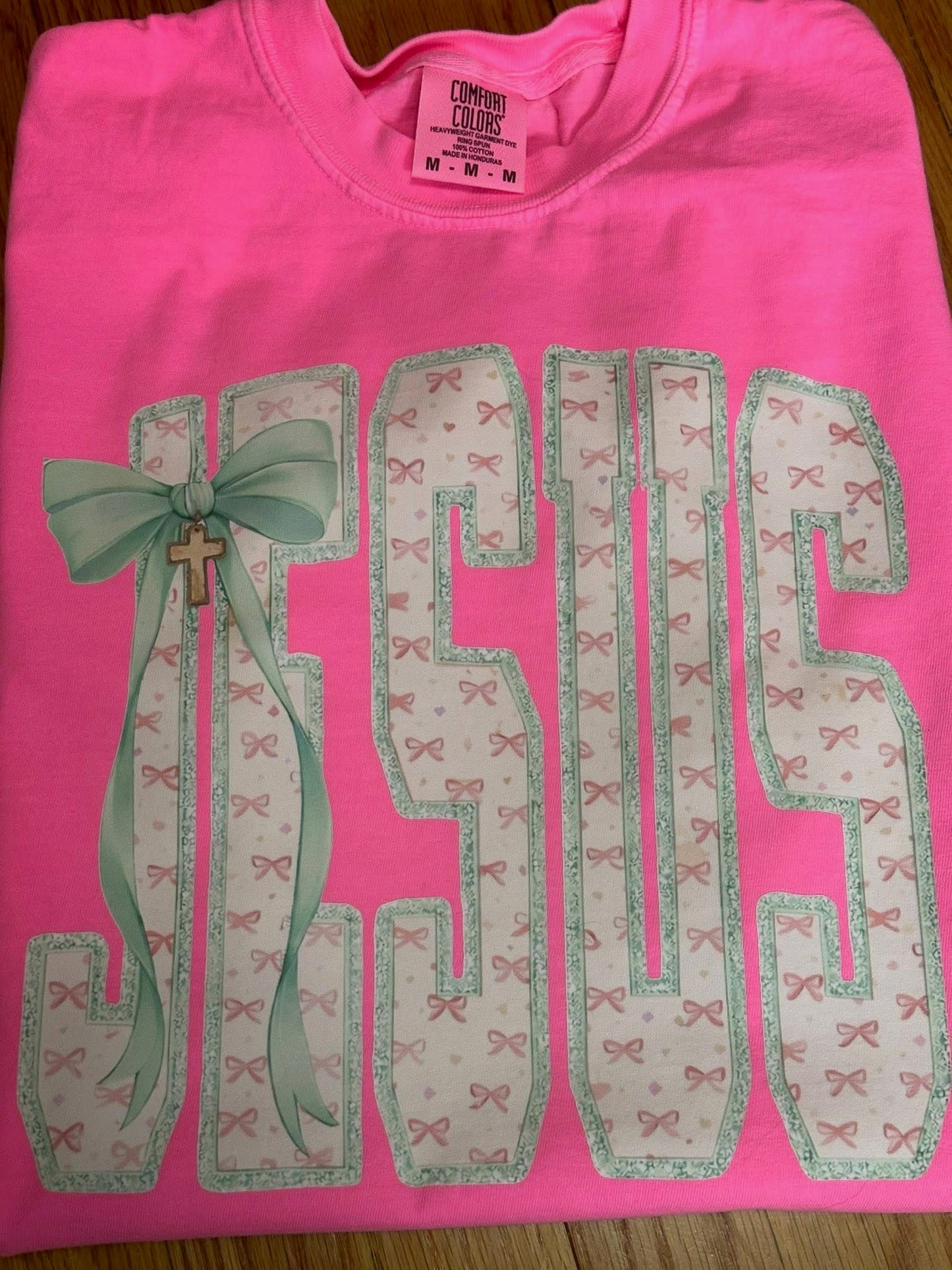Jesus with Pink Bow Pattern and Blue Trim with Bow - Neon Pink - CC Tee