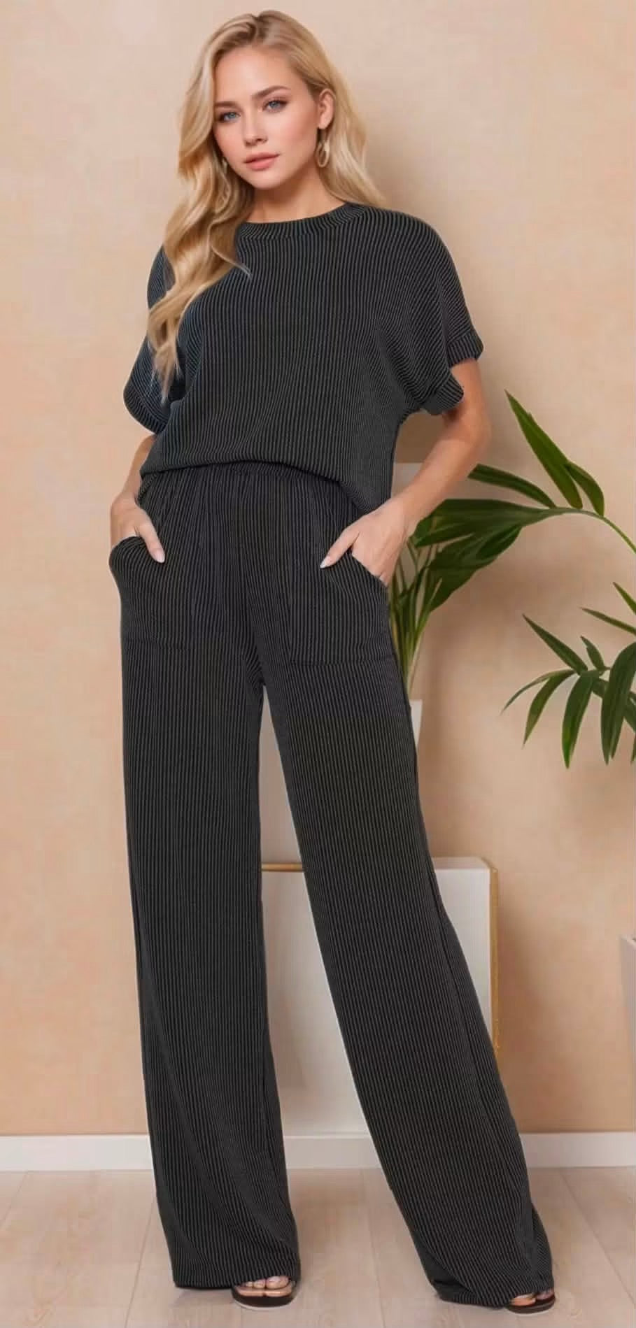 Ribbed Black Pant Set