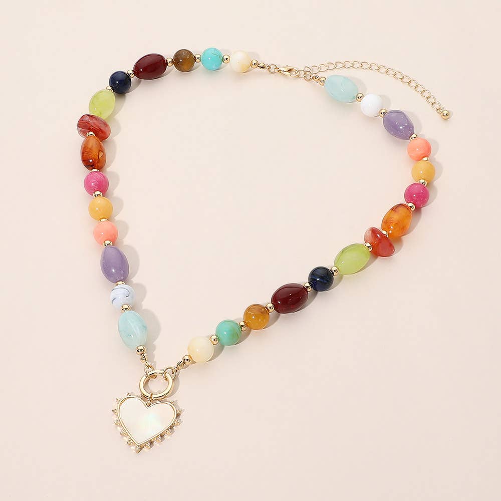 Heart Pendant Ring Accent Mixed Bead Necklace: Brown