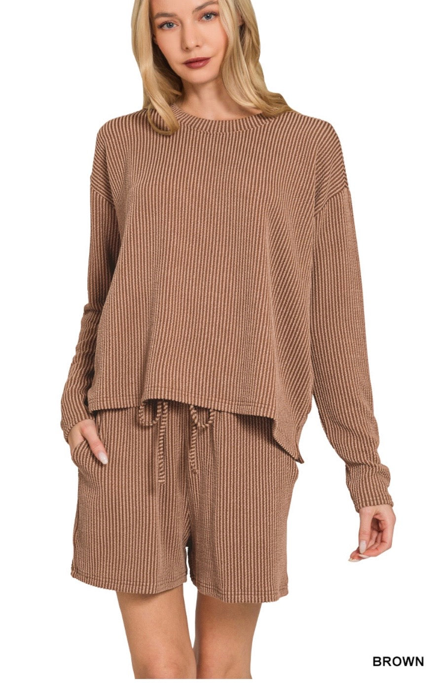 Raised Rib Long Sleeve Tee & Short Set-Brown