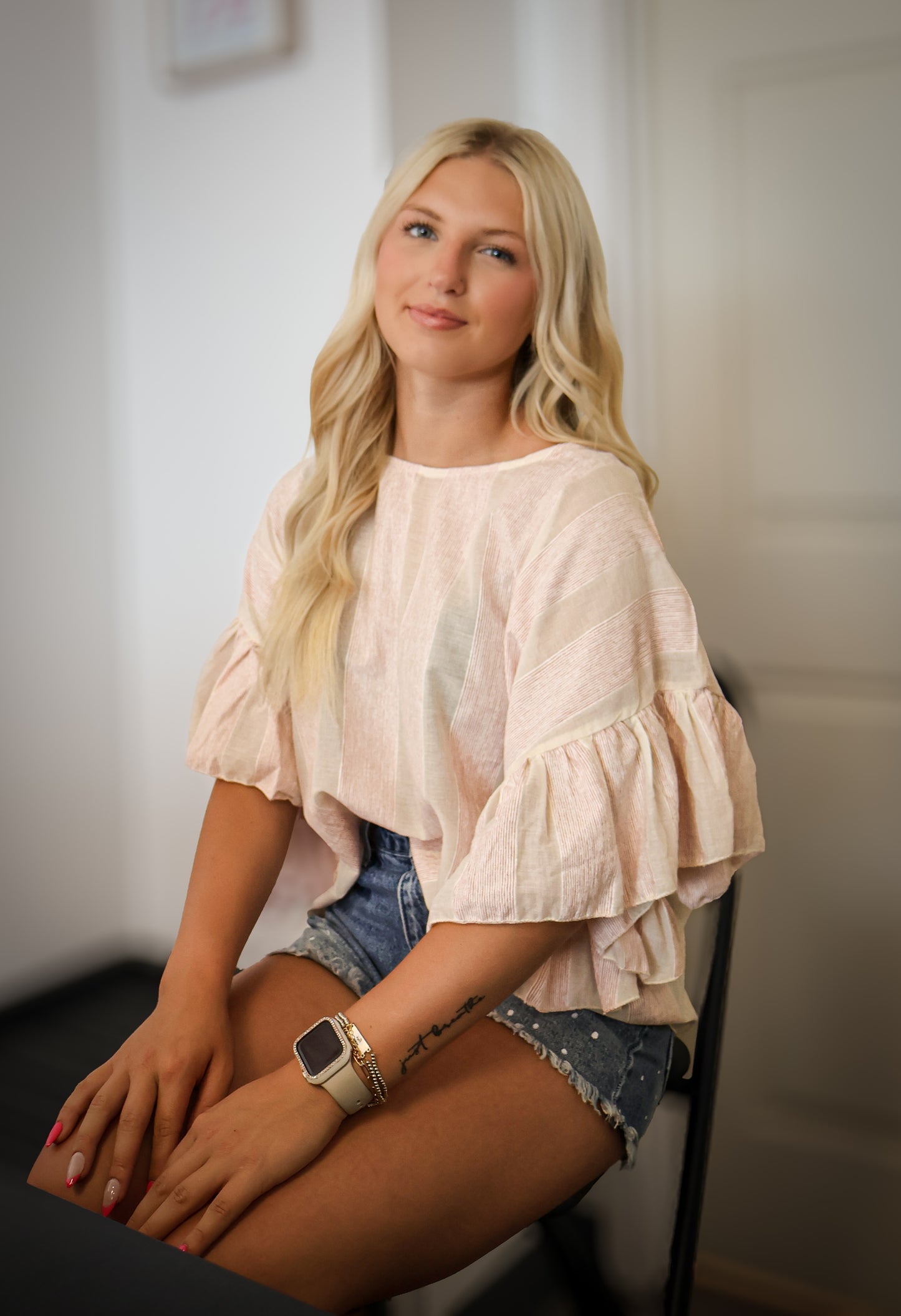 Wild Ruffle Embellished Sleeve Flowy Striped Top