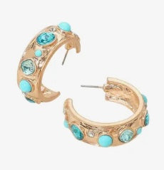 Turquoise - Mixed Stone Pearl Embellished Hoop Earrings