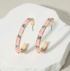 Round Stone Bezel Around Enamel Hoop Earrings