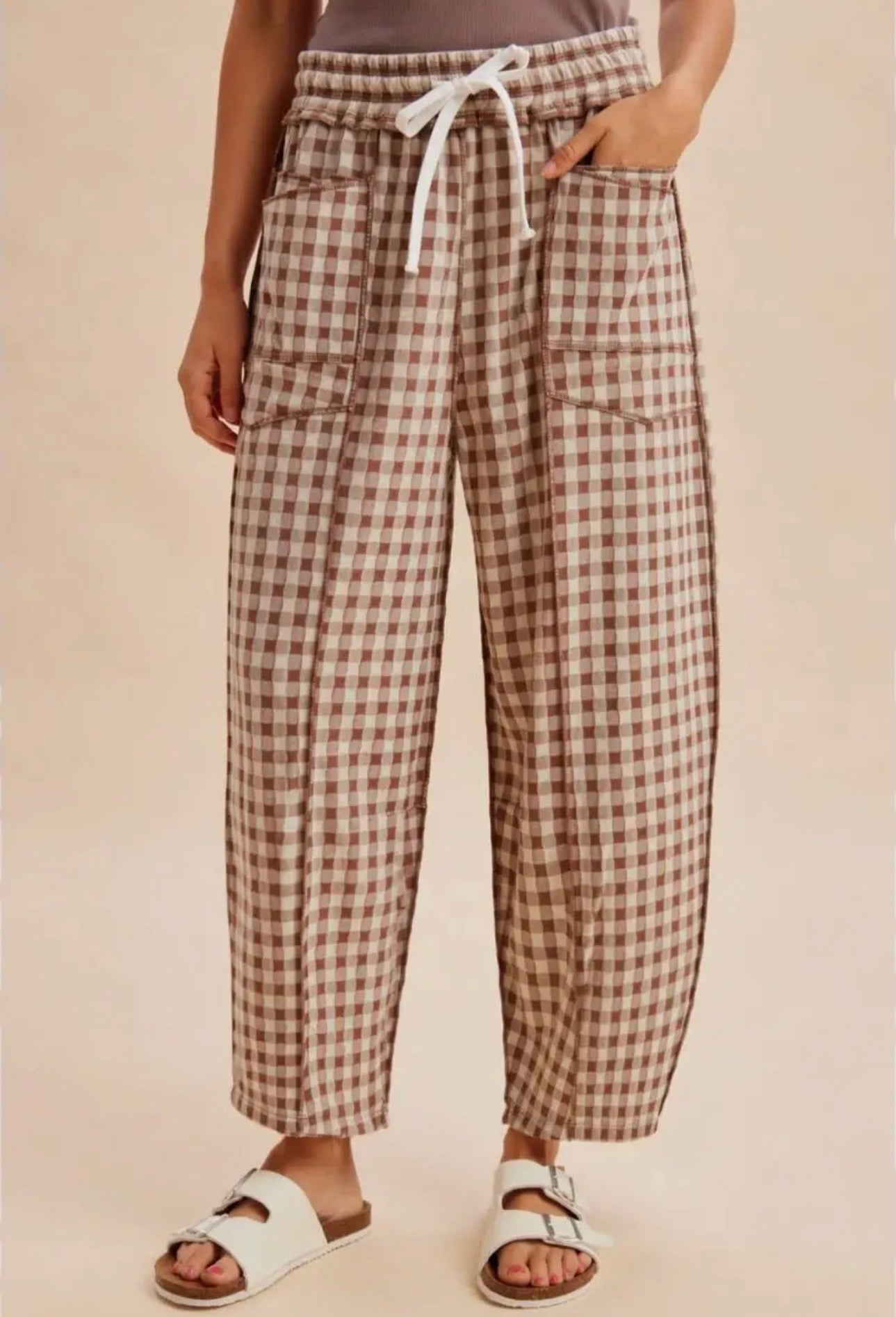 Soft Brushed Check Barrel Fit Utility Knit Pants