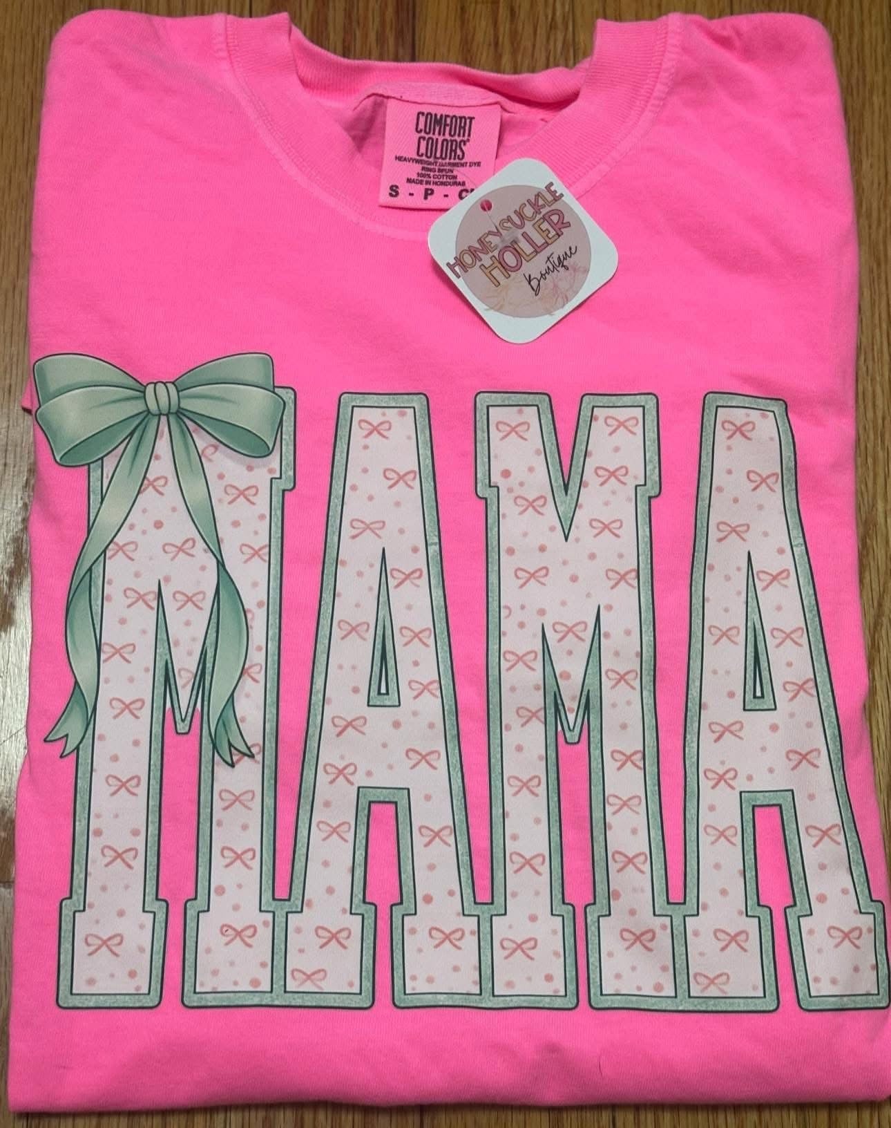 Mama with Pink Bow Pattern and Blue Trim with Bow - Neon Pink - CC Tee