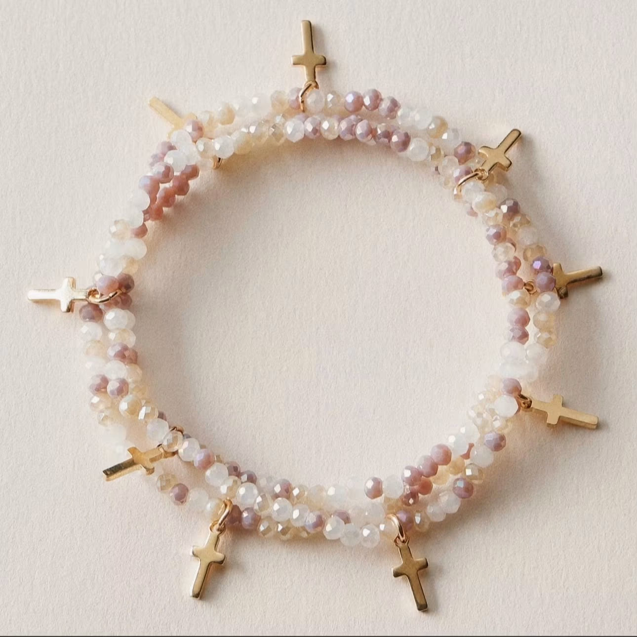 Gold Cross Charm Crystal Stretch Bracelet Stack Set-Natural