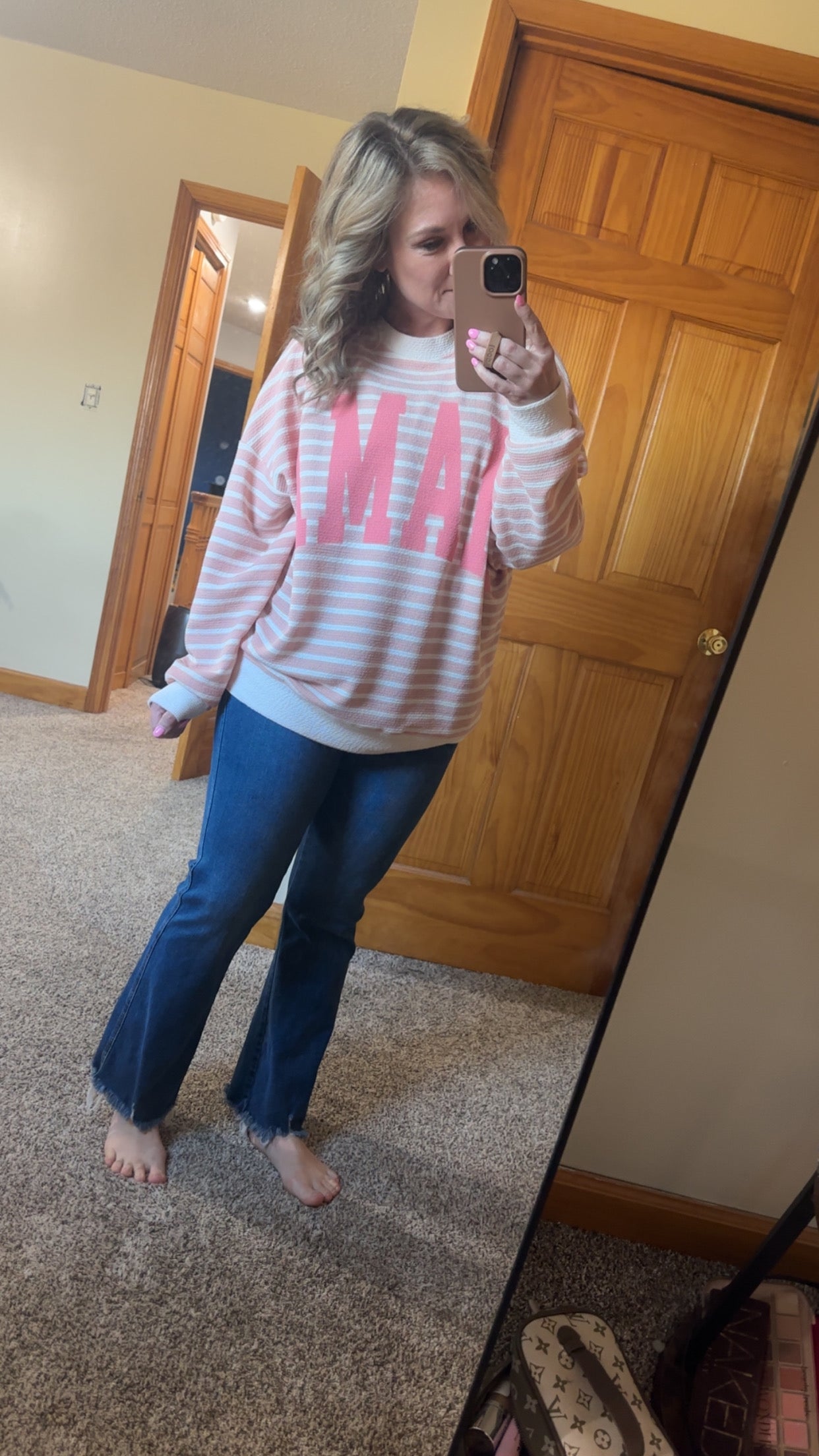 Oversized Pink Striped MAMA Long Sleeve Top