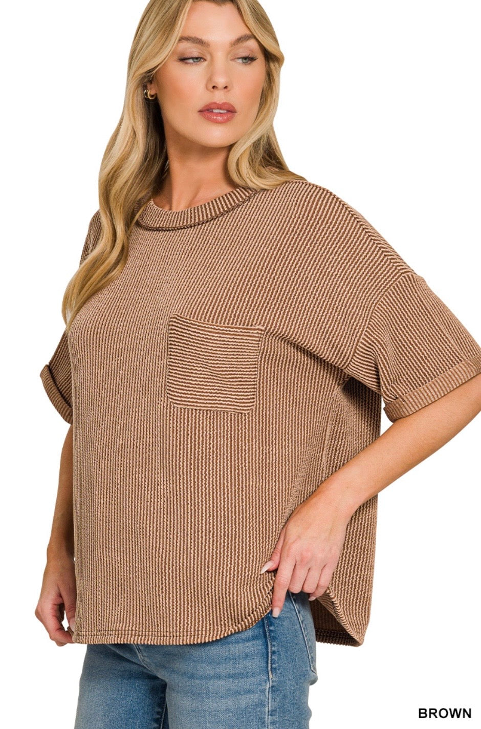 Raised Rib Short Sleeve Front Pocket Top-Brown