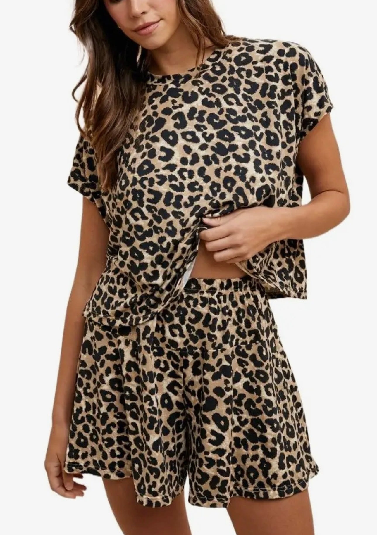 Soft Touch Leopard Knit Top and Flare Shorts Set