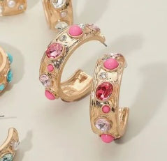Pink - Mixed Stone Pearl Embellished Hoop Earrings
