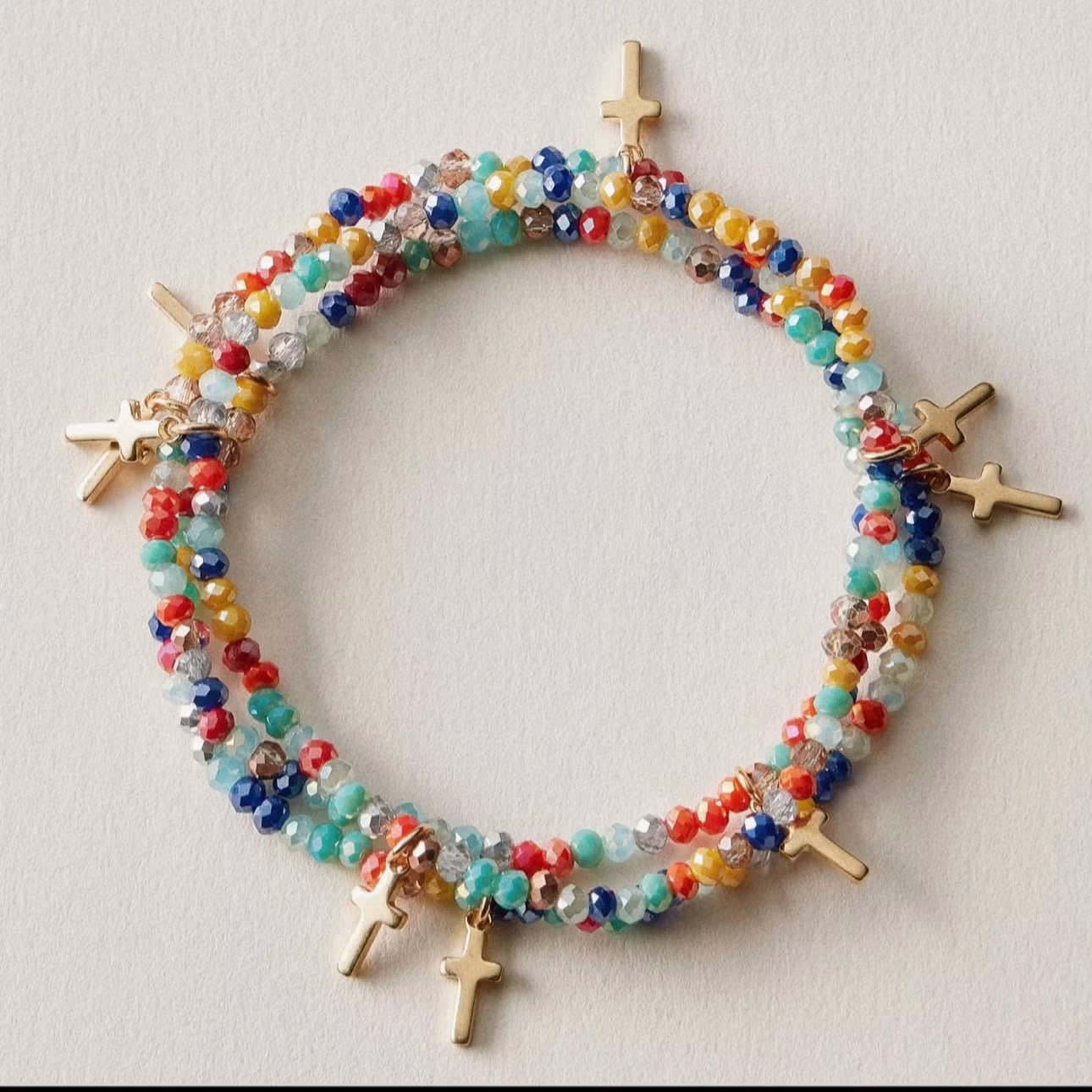 Gold Cross Charm Crystal Stretch Bracelet Stack Set- Multi color