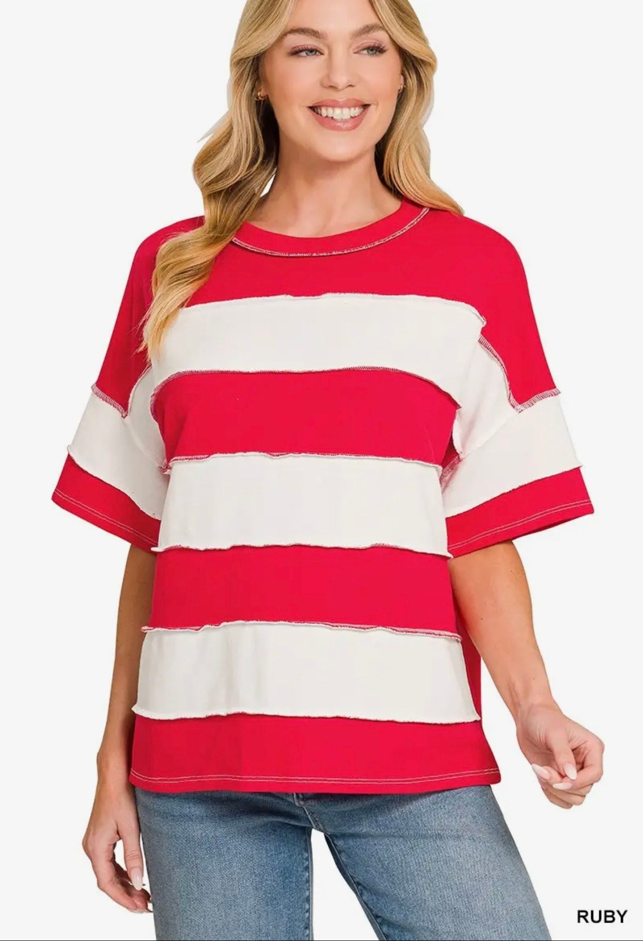 Zenana French Terry Striped Exposed Seam Top-Ruby