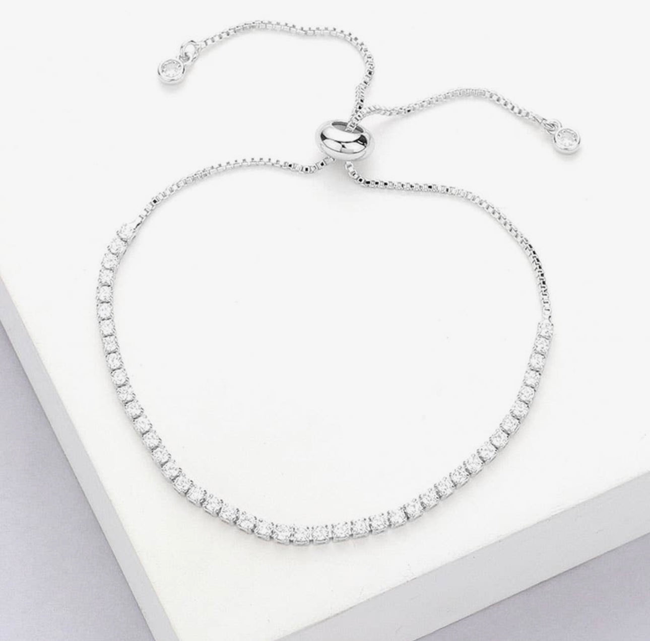 Stainless Steel Cz Stone Tennis Chain Pull Tie Adjustable Bracelet - Silver