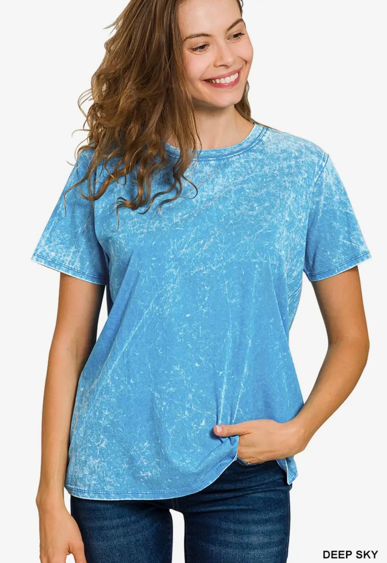 Zenana Washed Short Sleeve Top-Deep Sky