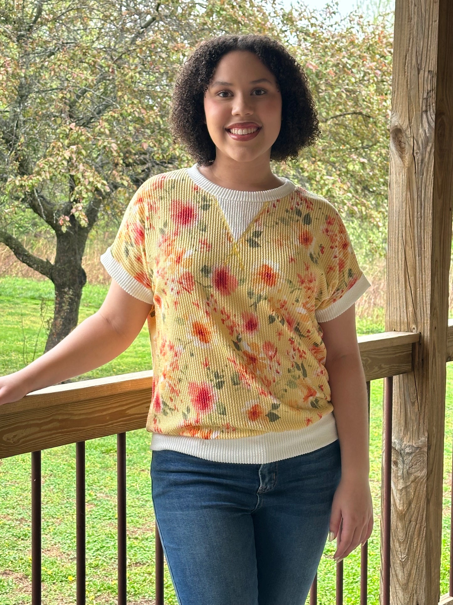 Yellow Floral Ribbed Knit Short Sleeve Top