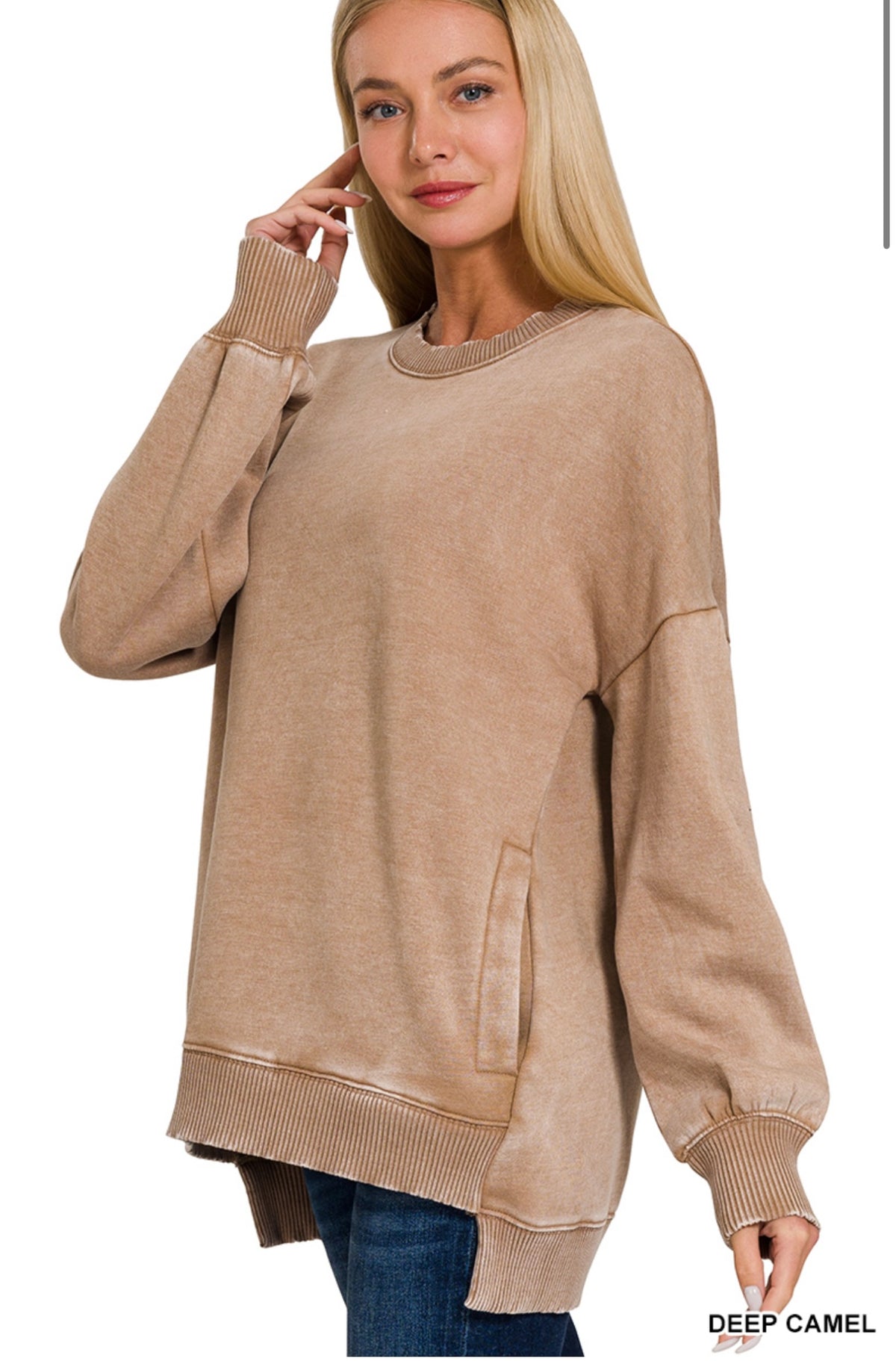DEEP CAMEL ACID WASH FLEECE HILOW HEM PULLOVER