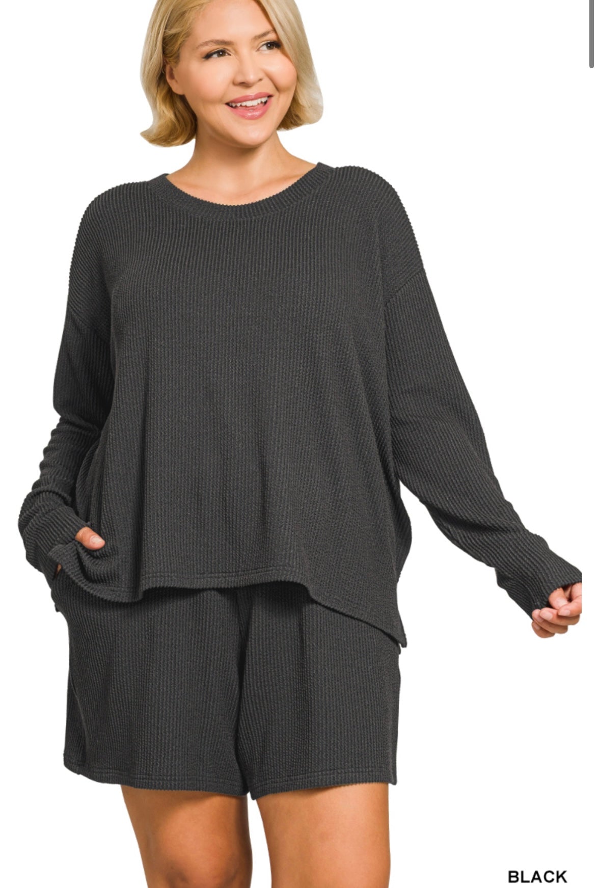 PLUS BLACK RAISED RIB LONG SLEEVE TEE & SHORTS SET