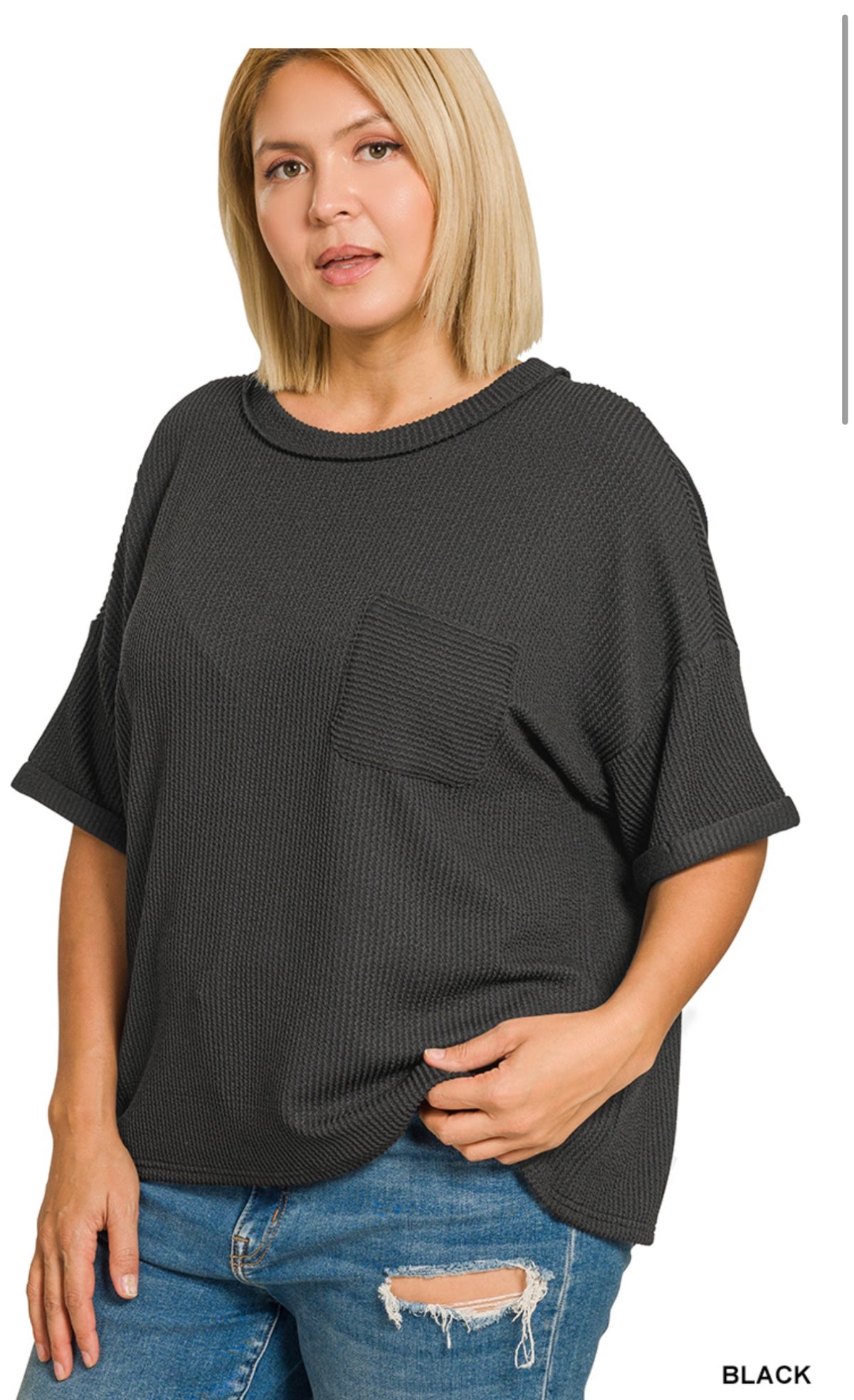 BLACK PLUS RAISED RIB SHORT SLEEVE FRONT POCKET TOP