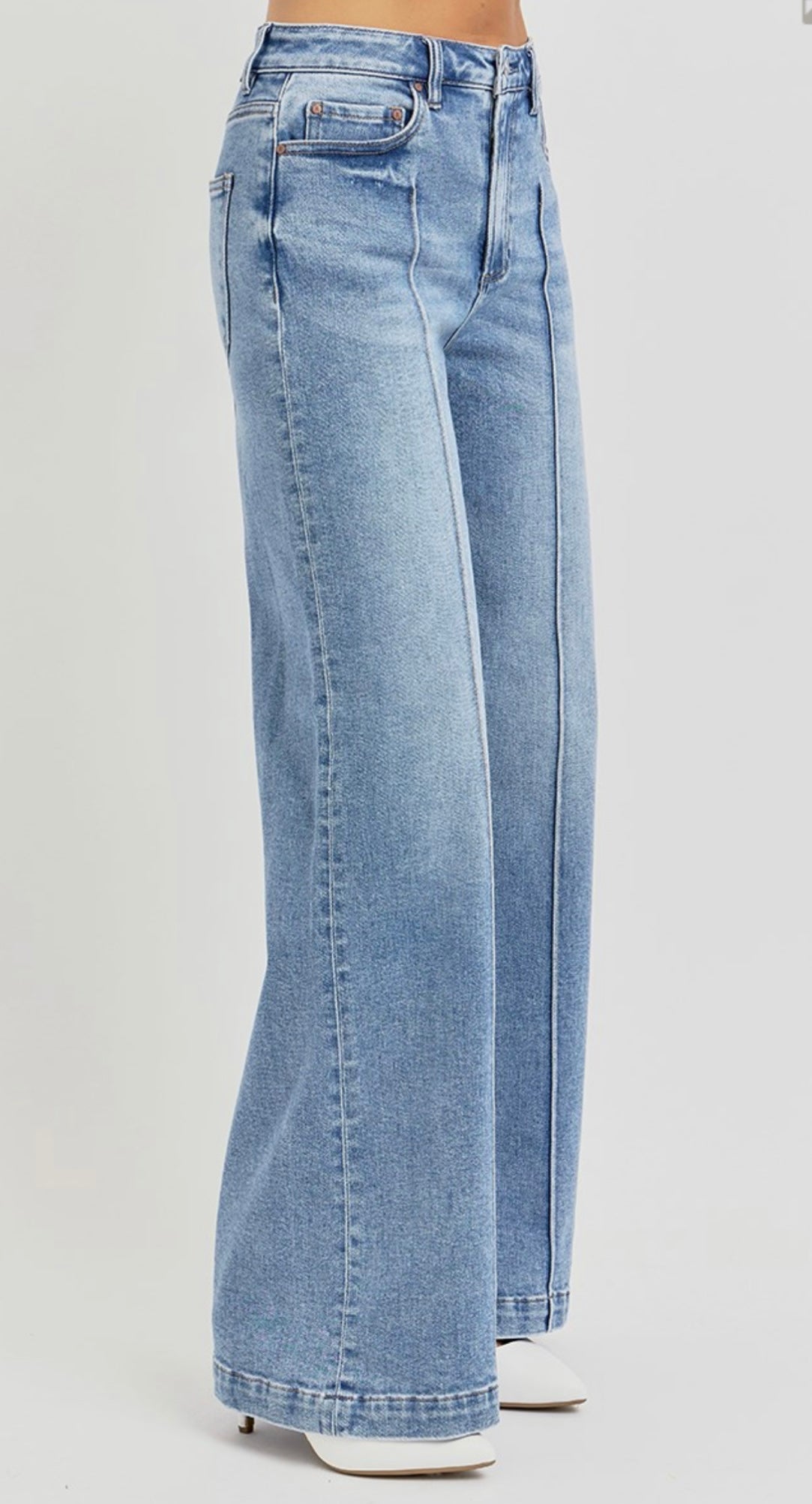 RISEN HIGH WAIST WIDE LEG PINTUCK DETAILED JEANS