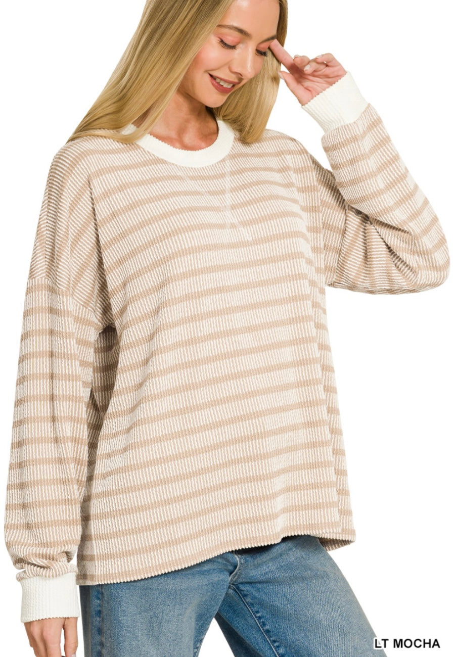 Raised Rib Striped Round Neck Pullover-LT Mocha