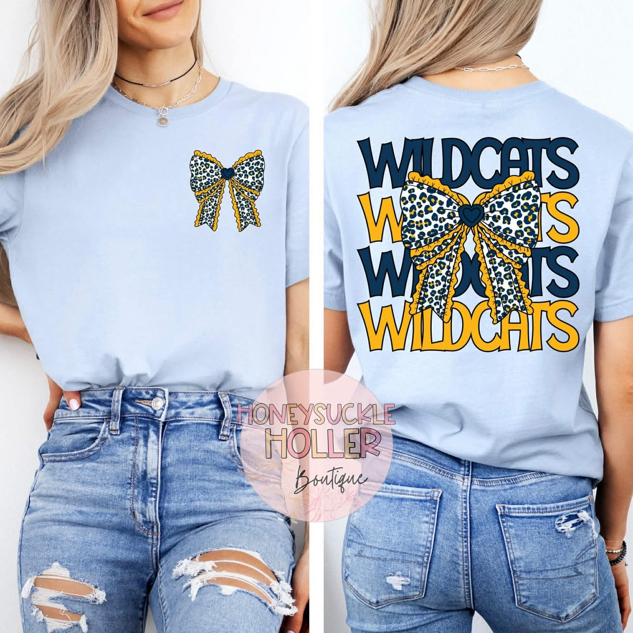 Blue and Gold Leopard Stacked With Bow Front & Back Design Wildcats