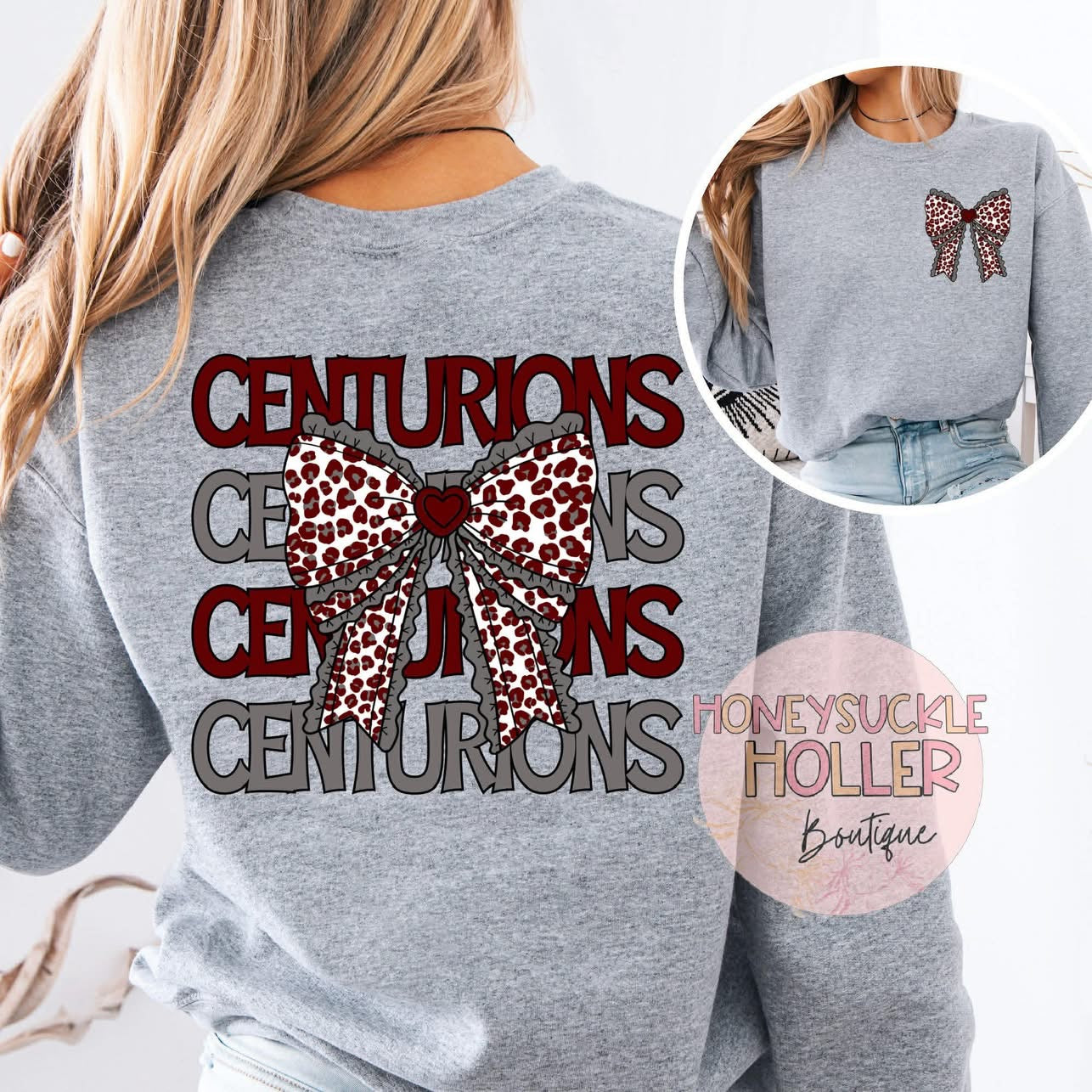 Maroon and Gray Leopard Stacked With Bow Front & Back Design Centurions