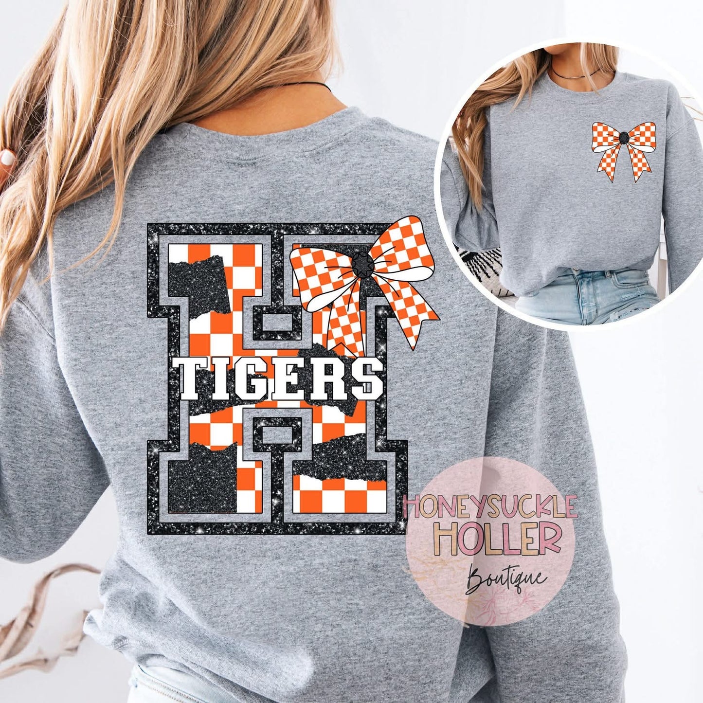 Orange and Black Checkered Bow With Bow Front & Back Design Varsity Letter - H Tigers