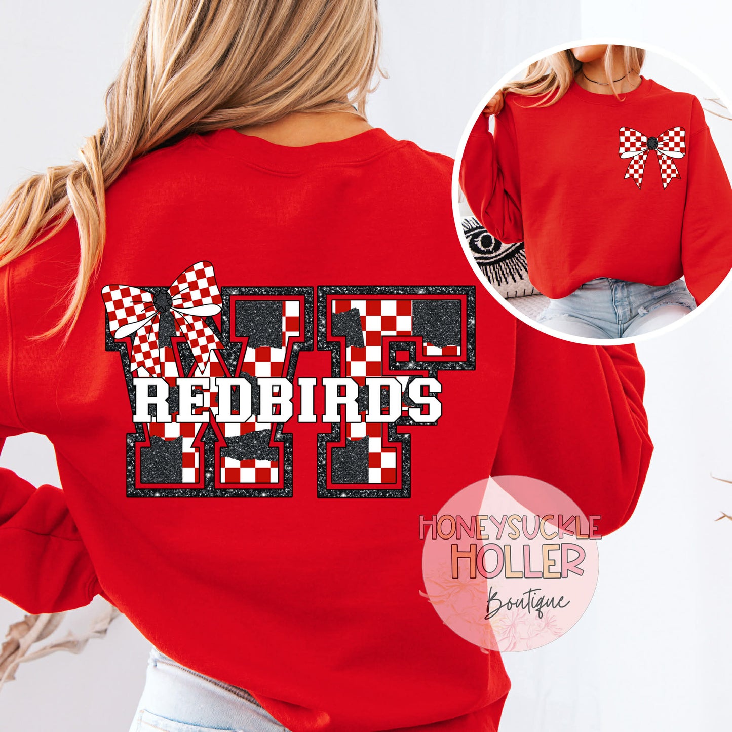 Red and Black Checkered Bow With Bow Front & Back Design Varsity Letter - WF Redbirds