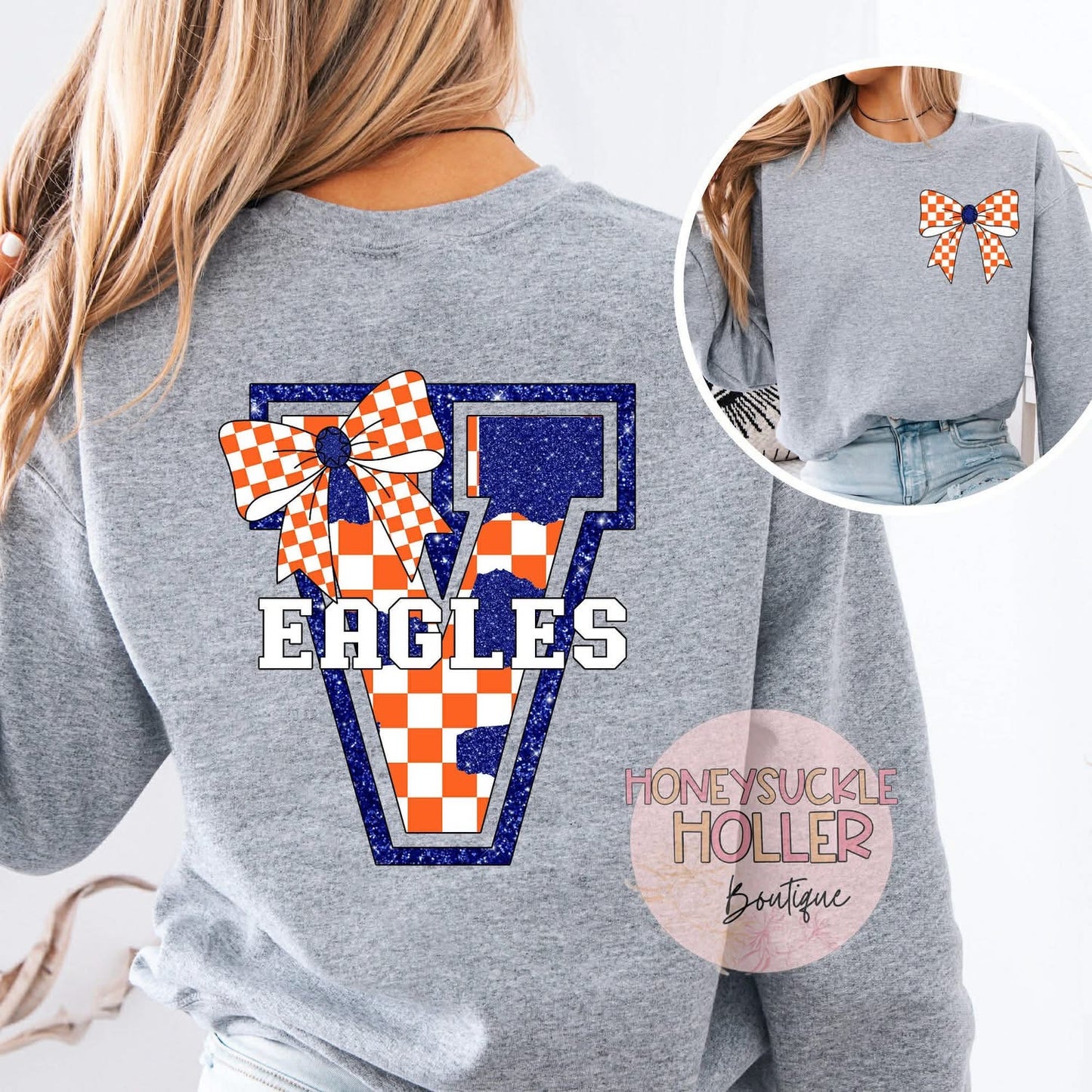 Blue and Orange Checkered Bow With Bow Front & Back Design Varsity Letter - V Eagles