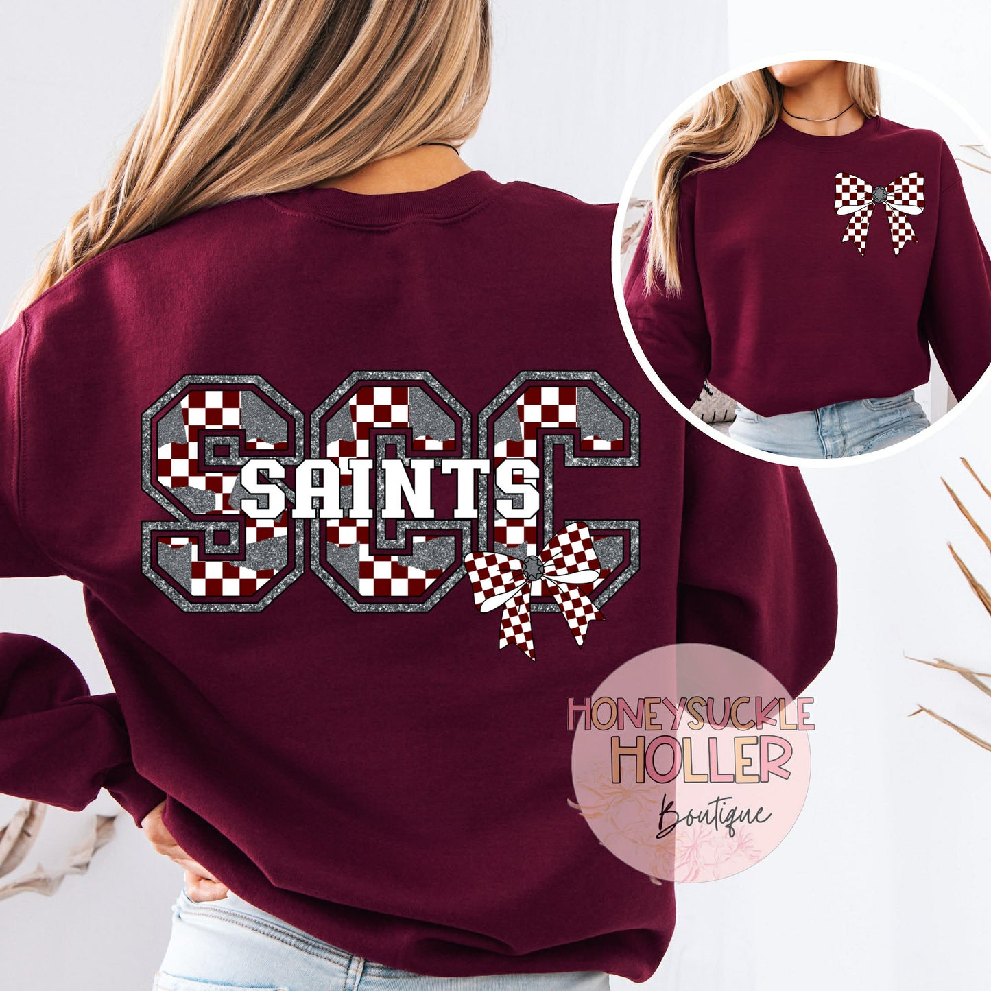 Maroon and Gray Checkered Bow With Bow Front & Back Design Varsity Letter - SCC - Saints