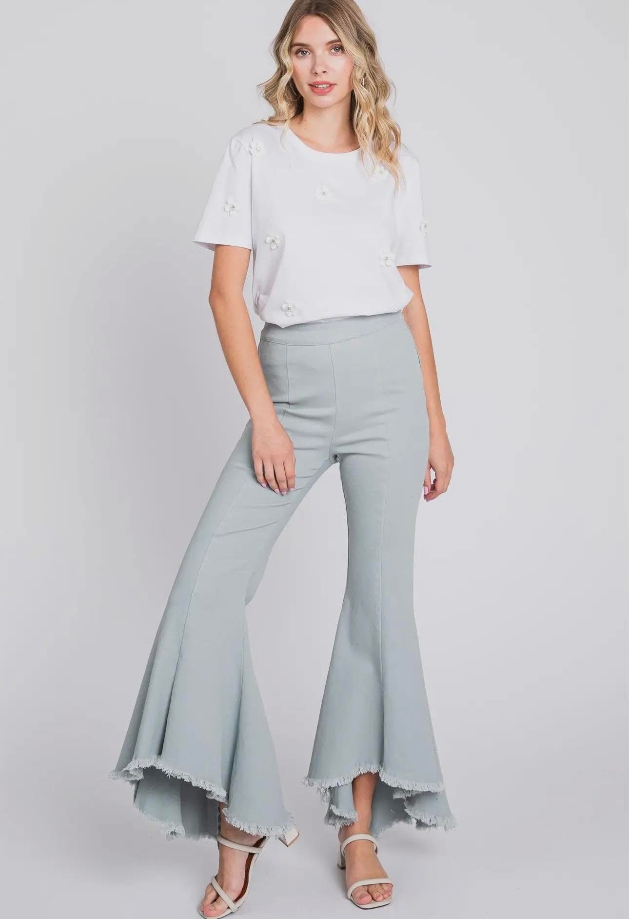 High-Low Pleated Stretch Pants- Blue
