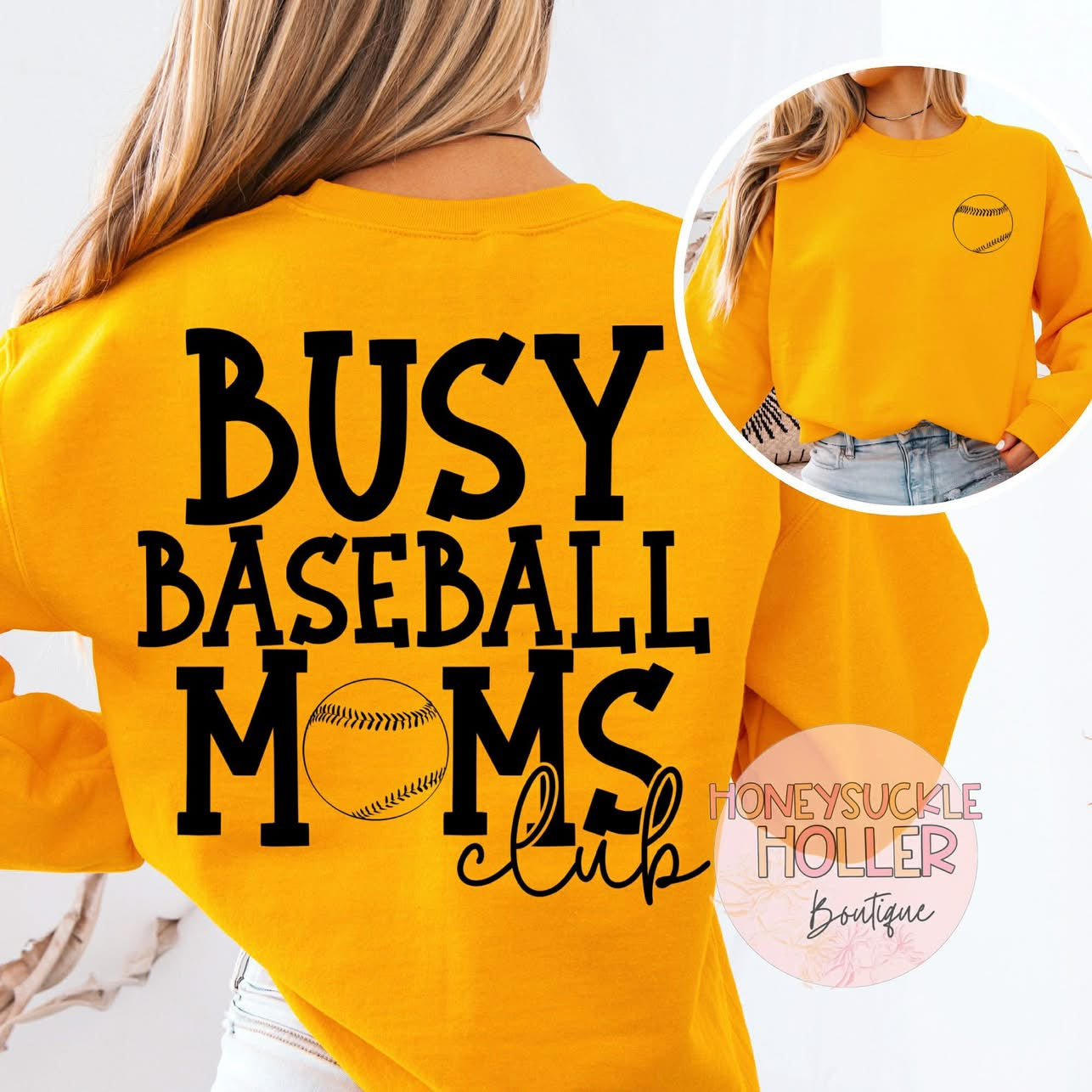 Busy Baseball Moms Club (back) with baseball (left chest)