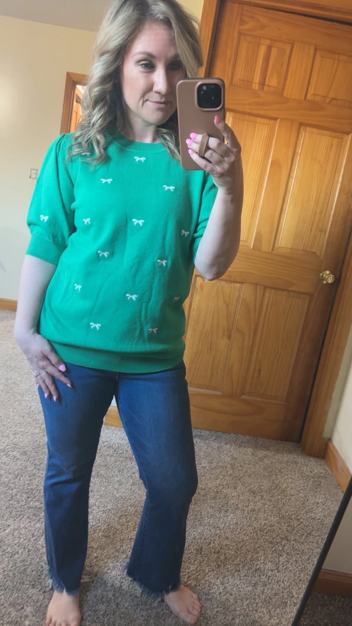 Green Puff Sleeve Short Sleeve Sweater with Bows