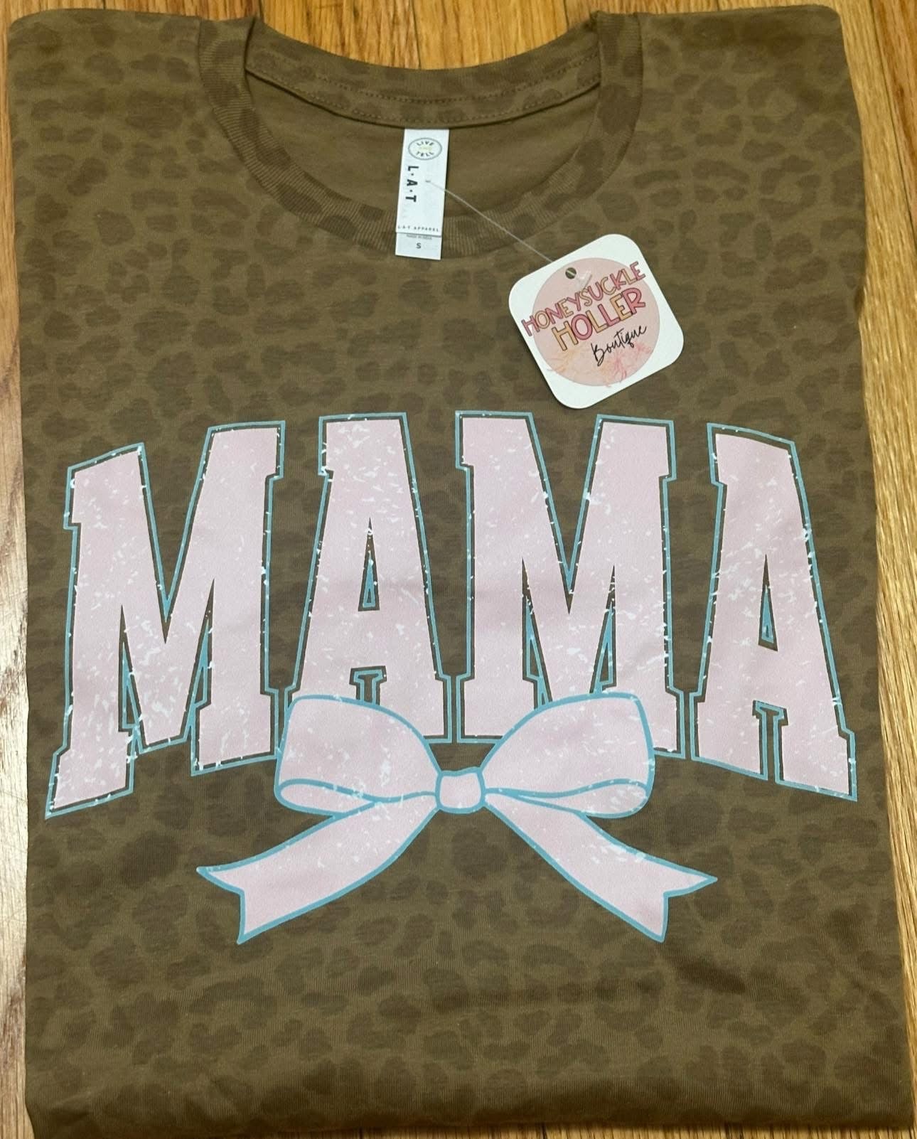 Mama - Pink with Blue Outline and Bow - Leopard Bella Tee
