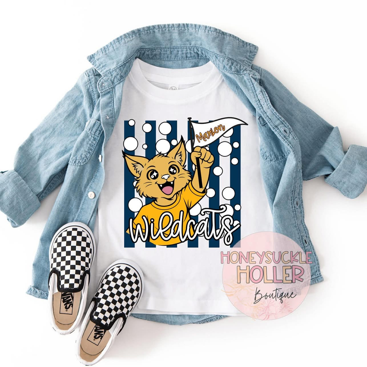 Cartoon Mascot with Stripe and Bubble Background- Wildcats