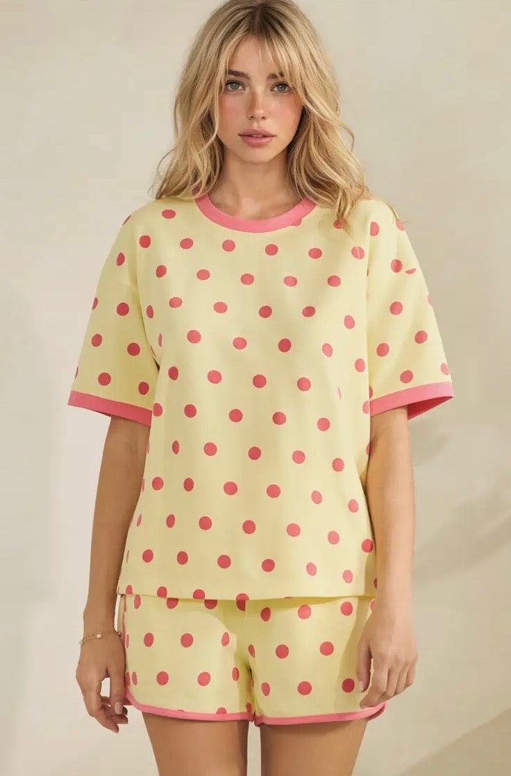 Classic Polka Dot Relaxed Lounge Set - Yellow/Pink
