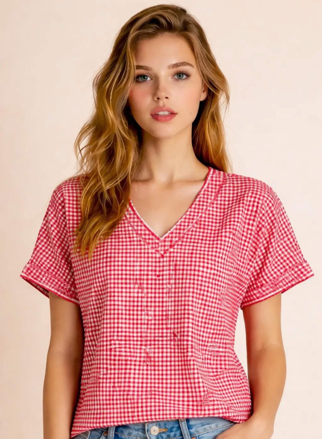 V-Neck Relaxed Fit Gingham Top