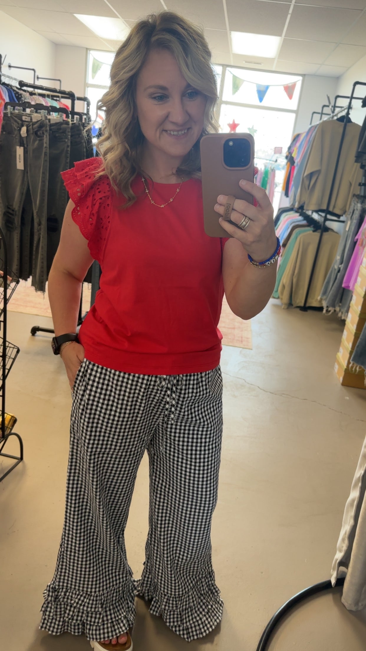 Gingham Layered Ruffle Hem Cropped Pants