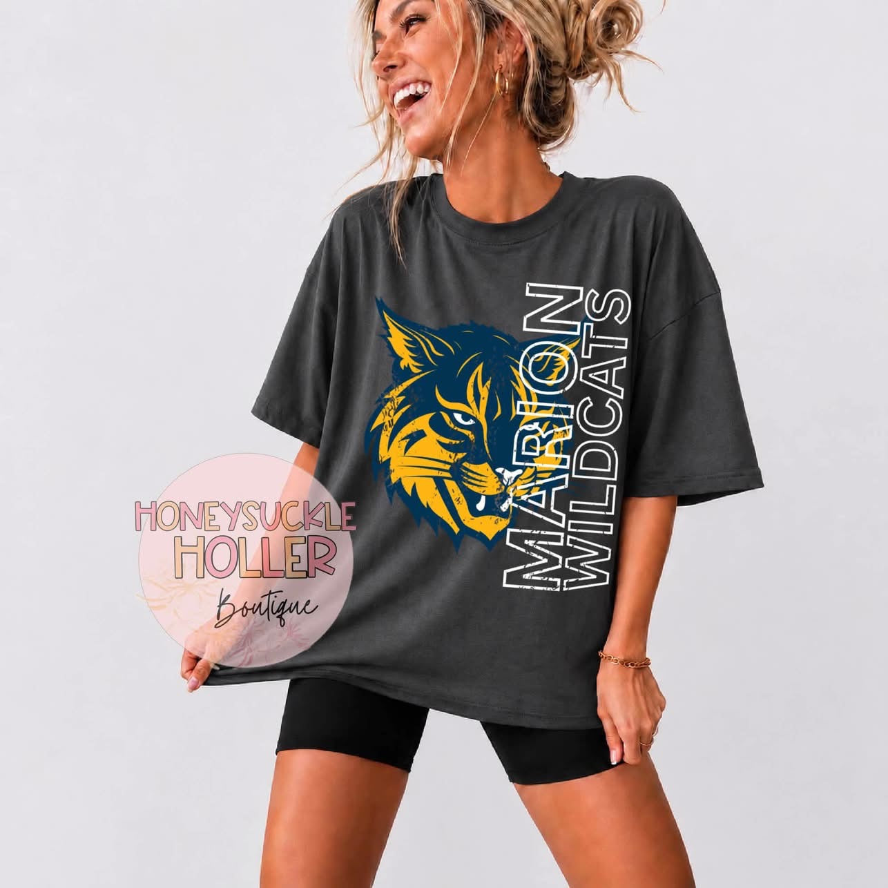 Mascot Head With Outline Letters - Marion Wildcats