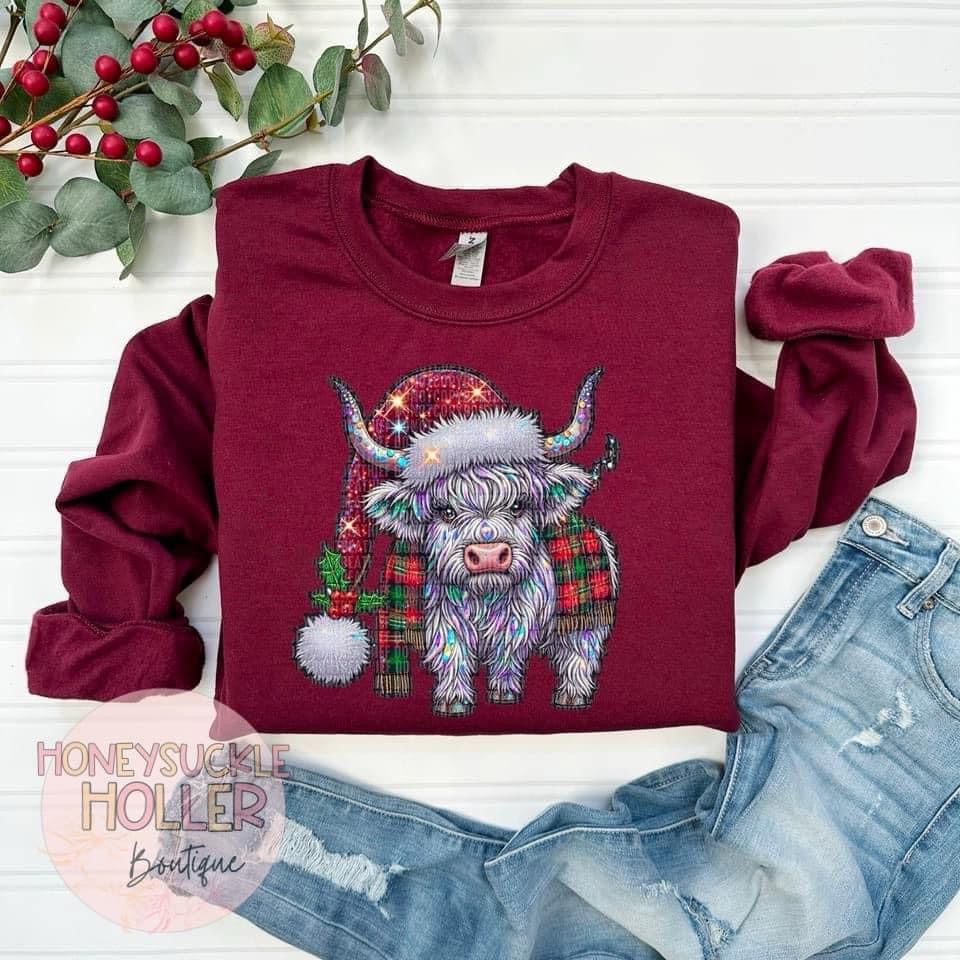 Faux Sparkle Christmas Plaid  Highland Cow