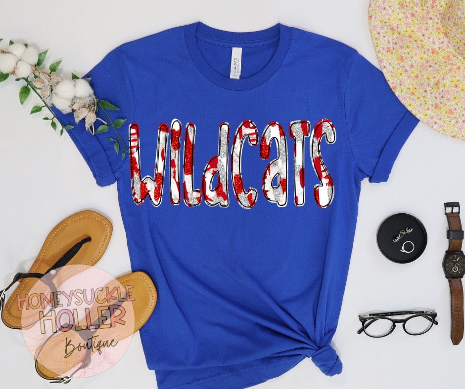 Faux Glitter Red and White Baseball Stitches Wildcats