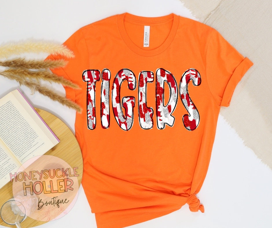 Faux Glitter Red and White Baseball Stitches Tigers