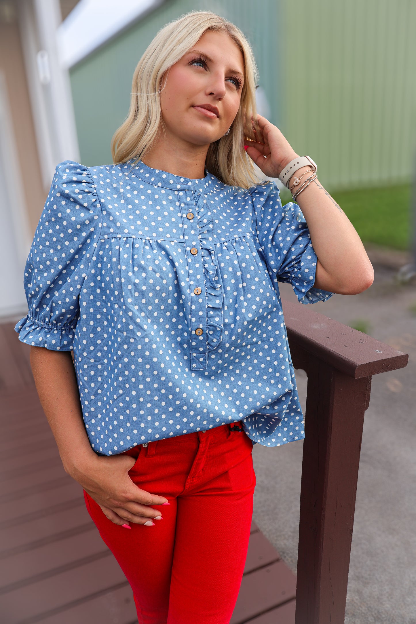 Polka Dot Ruffled Top - Light Denim